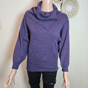 TWEEDS Sweater Small Merino Wool Shirred Turtleneck 3/4 Sleeve Pullover Purple